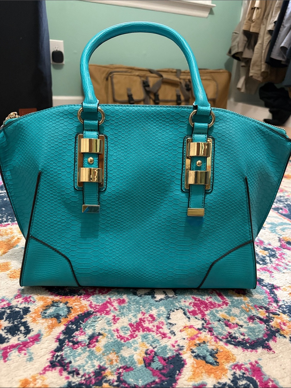 Aldo Teal Textured Satchel with Gold Hardware